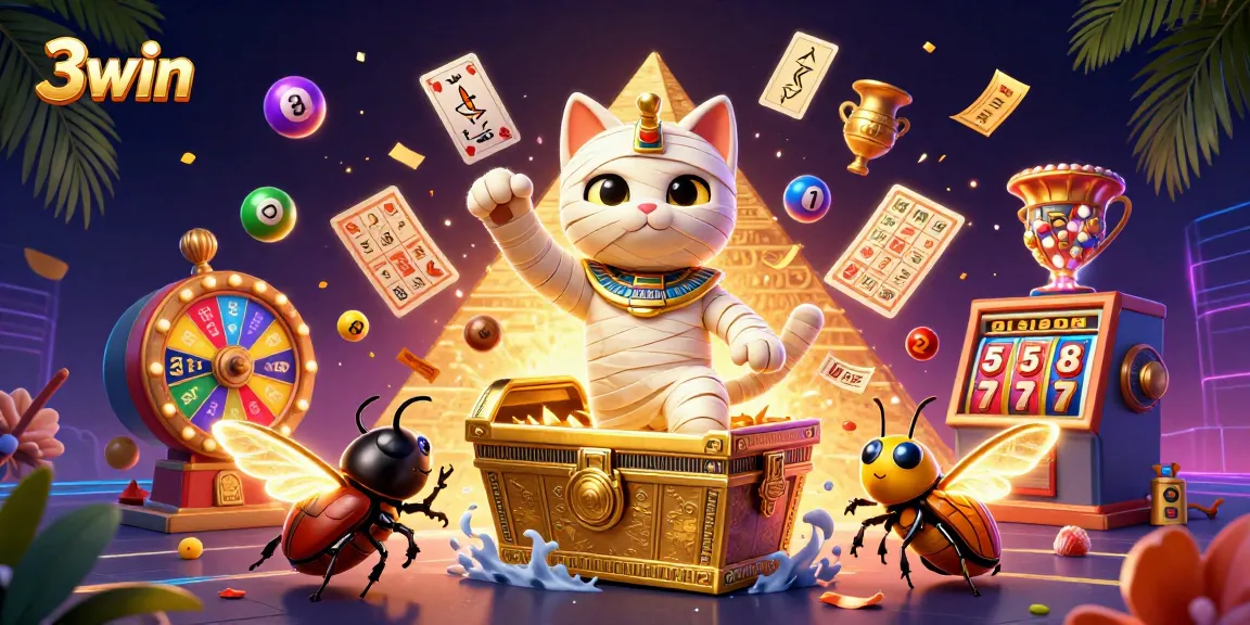 Experience thrilling gameplay with 3win's vibrant Egyptian mummy cat and casino elements bursting with excitement.