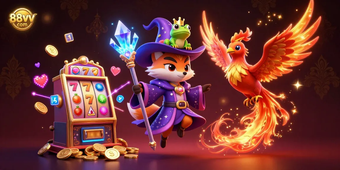 Engage with 88vv com's dynamic wizard and phoenix scene filled with gaming elements and golden coins.