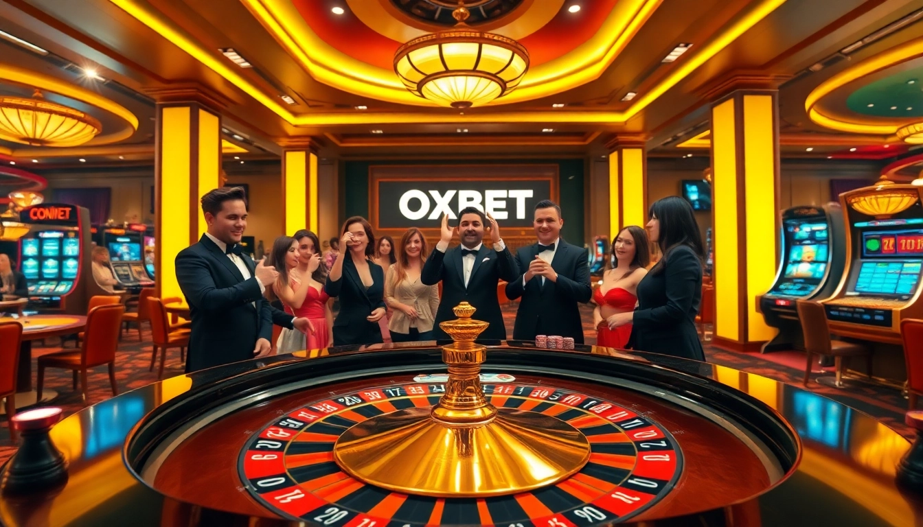 Players placing bets at an OXBET roulette table in a luxurious casino setting.