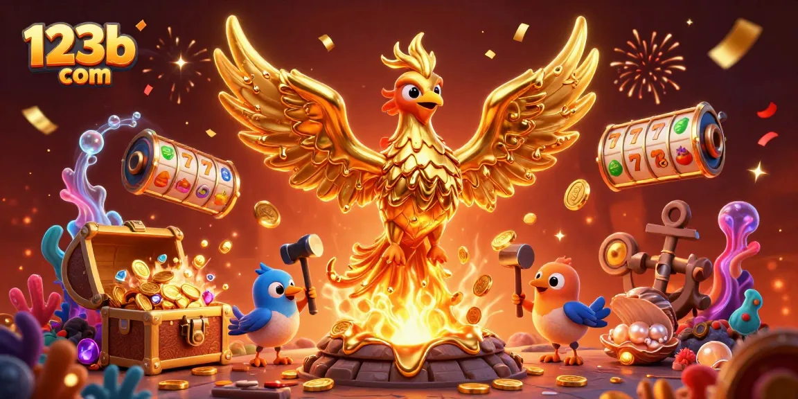 Experience thrilling wins at 123b com with a mystical golden phoenix and vibrant slot symbols.