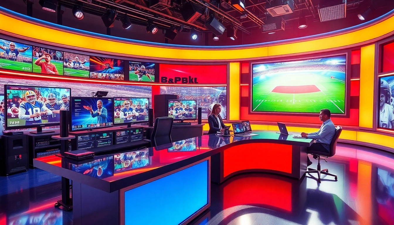 Engaging scene of Sports Broadcasting with hosts and live feeds in a dynamic studio.