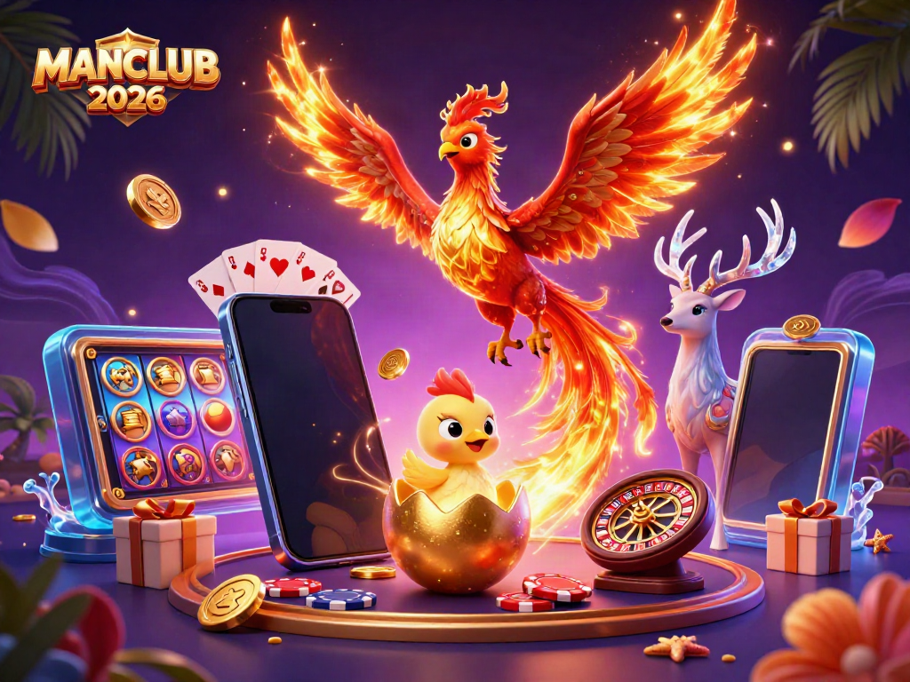 Experience the thrill of MANCLUB 2026 with a vibrant 3D phoenix and engaging gaming symbols.