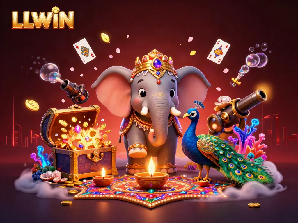 Engage with LLWIN's vibrant online casino experience, featuring dynamic game elements and festive visuals.