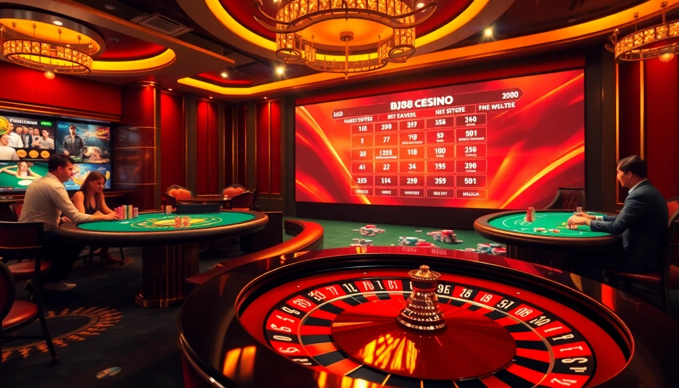 A dynamic BJ88 com casino scene featuring vibrant poker tables and roulette wheels, immersing players in luxury gaming.