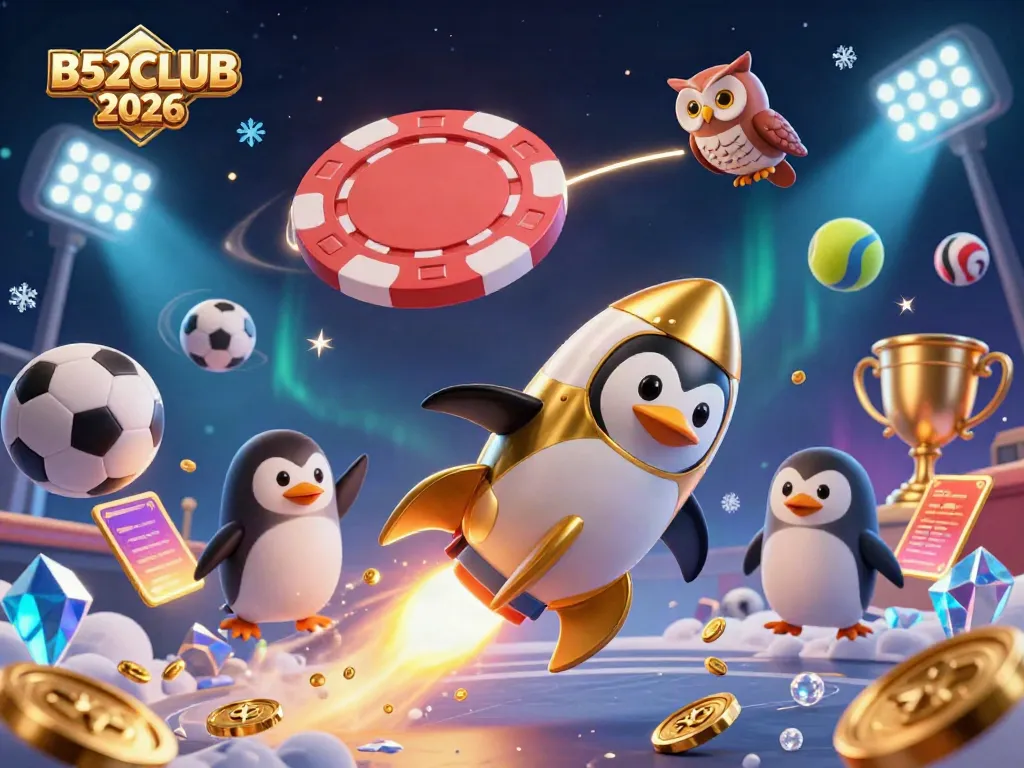 Experience the excitement of B52CLUB 2026 with dynamic casino-themed scene featuring golden penguin and casino elements.
