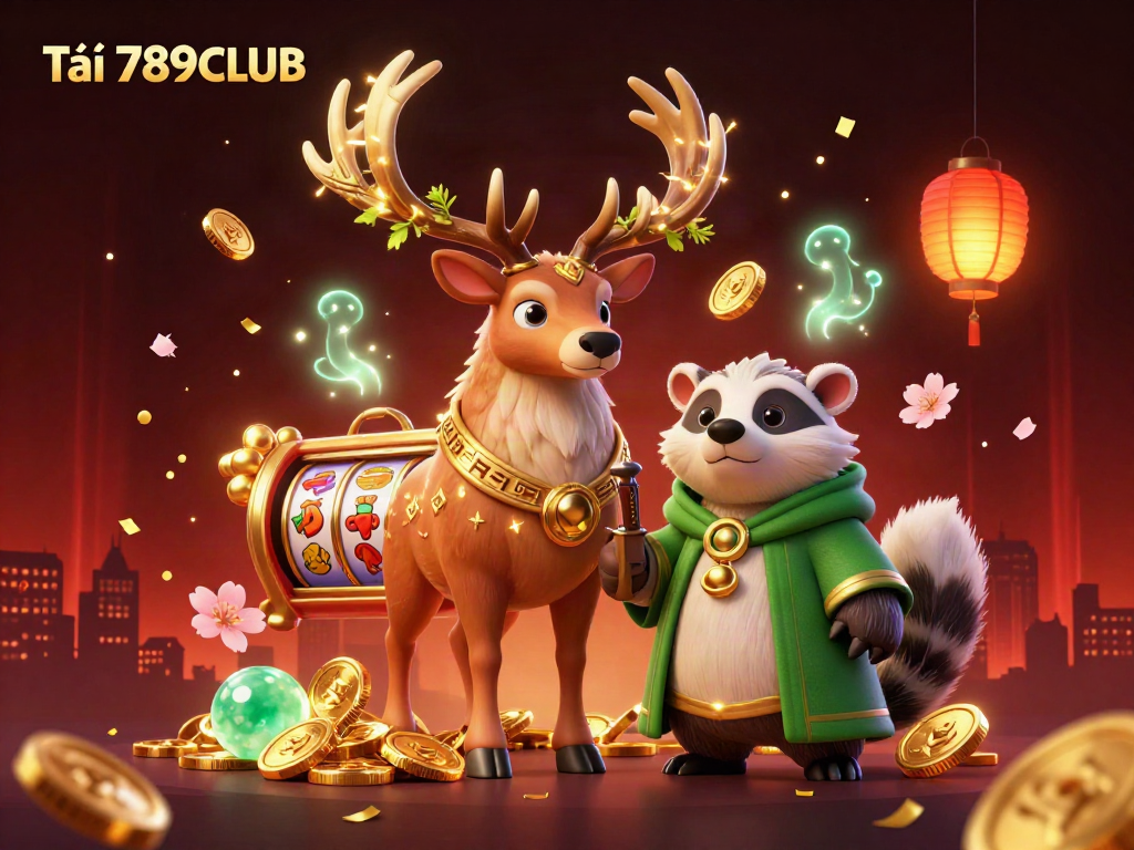 Tải 789CLUB illustration highlighting an enchanting online gaming scene with a Celtic druid stag and vibrant slot machine reels.