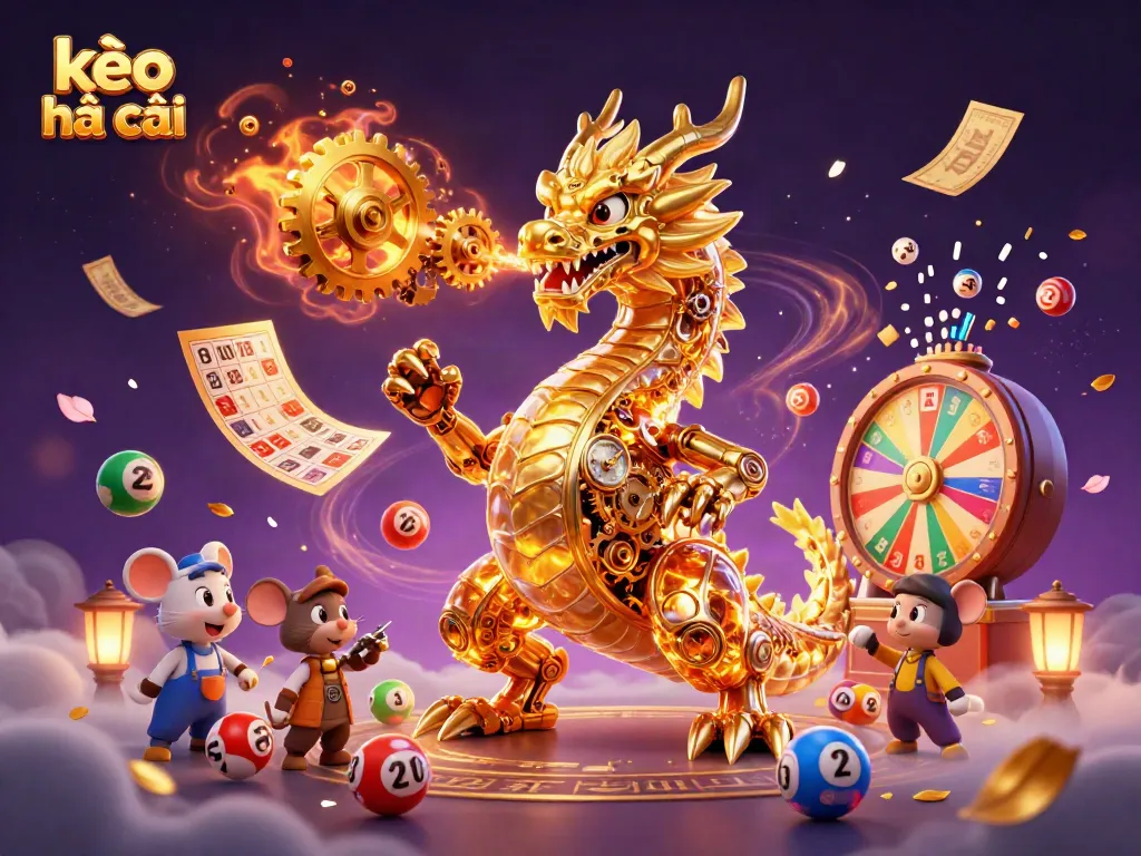 Immerse in kèo nhà cái with a golden dragon and mouse engineer amid a colorful lottery scene.