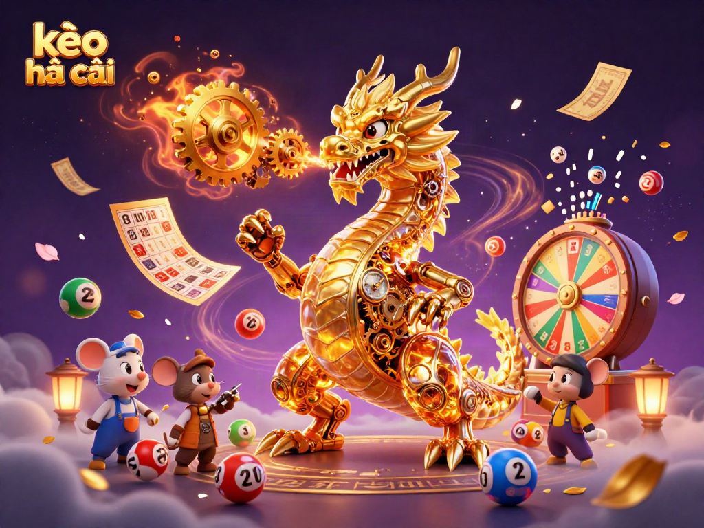Immerse in kèo nhà cái with a golden dragon and mouse engineer amid a colorful lottery scene.