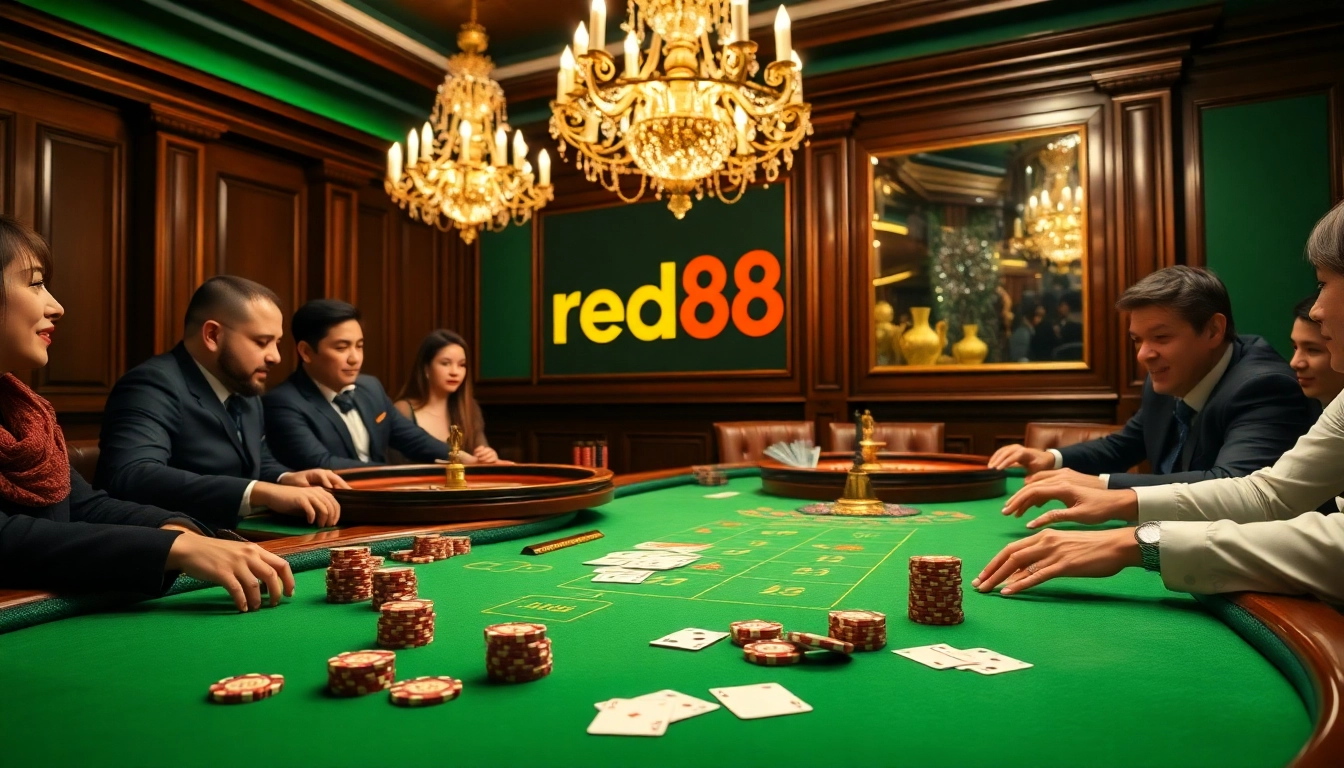 Players enjoying a high-stakes poker game at a luxurious location, highlighting excitement at red88 casino.