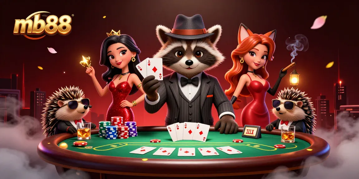 Experience the excitement of mb88 with a suave raccoon, charming fox, and hedgehog at a vibrant poker table.
