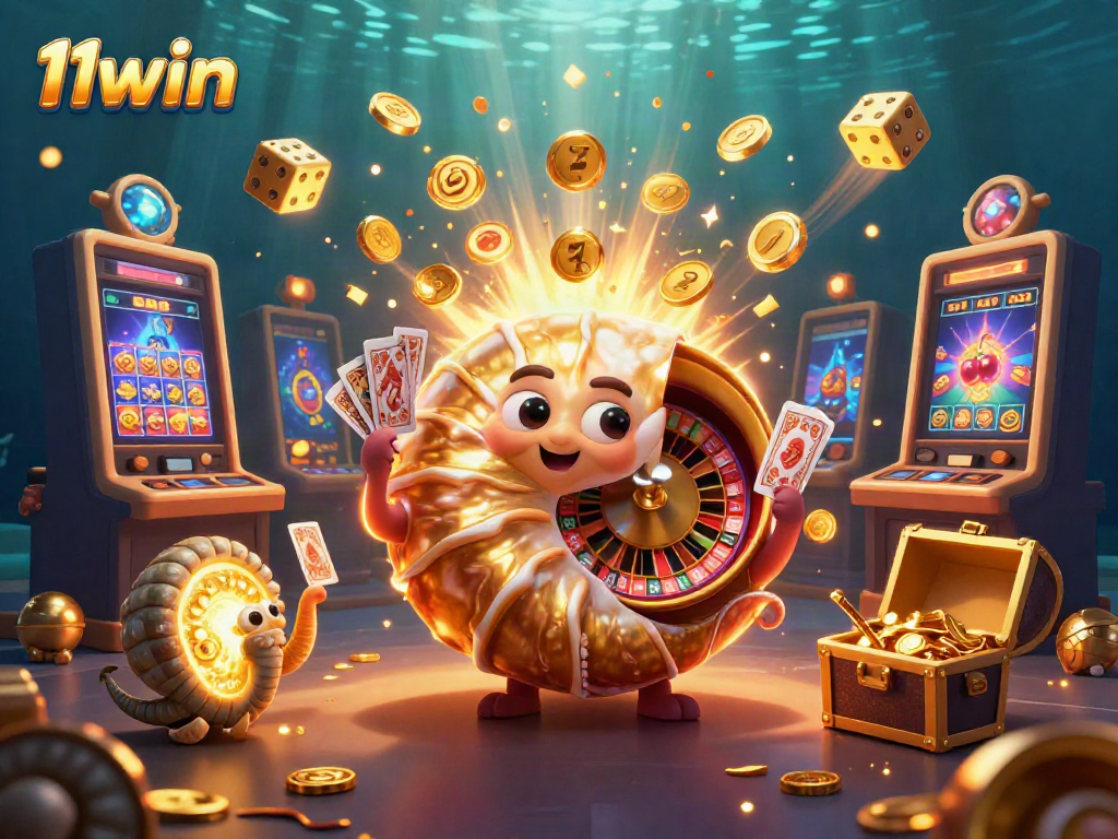 Engage with 11win's thrilling casino experience through the vibrant 3D illustration of a giant nautilus as a roulette wheel bursting with action.