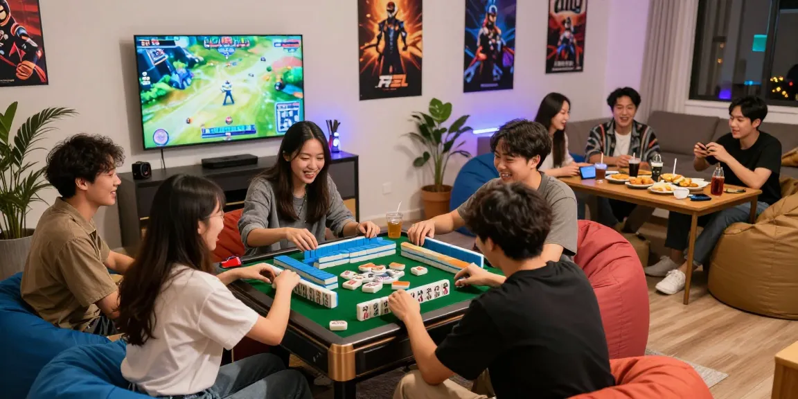 Friends enjoying a game night at https://hm88.cafe/ with colorful Mahjong tiles and snacks.