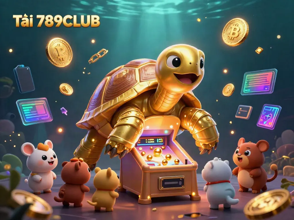 Experience the thrill with Tải 789CLUB, featuring a golden tortoise pinball machine surrounded by crypto coins and gaming elements.