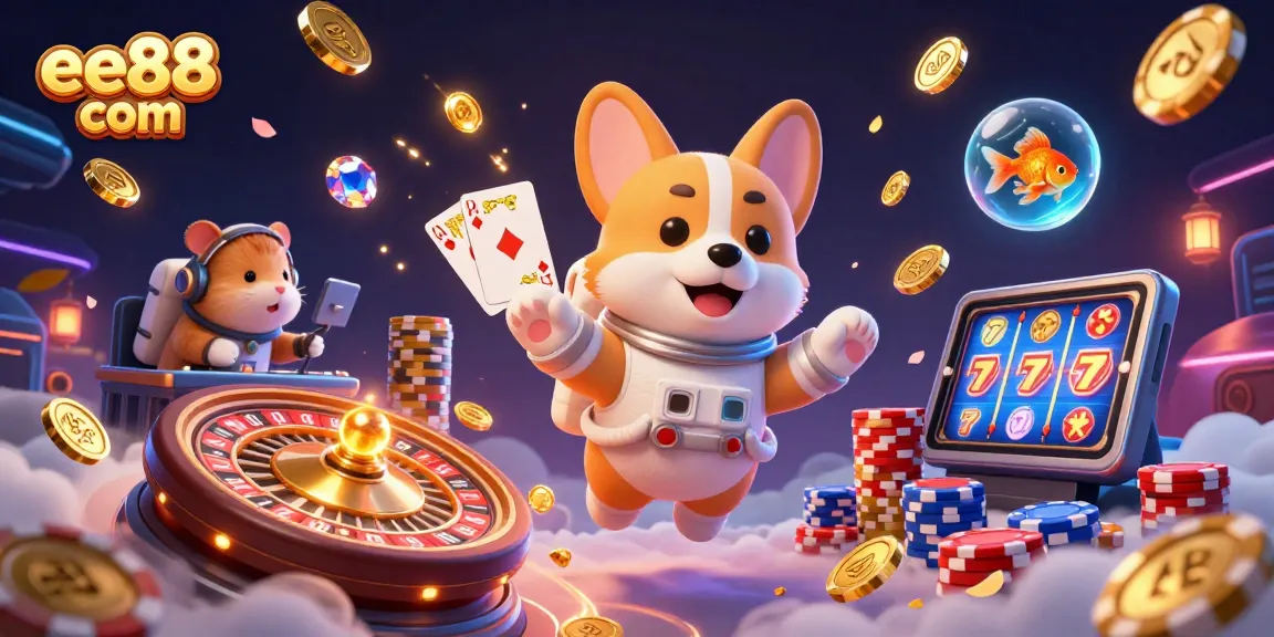 Engage with thrilling casino action at ee88 com, featuring an astronaut corgi in a space casino.