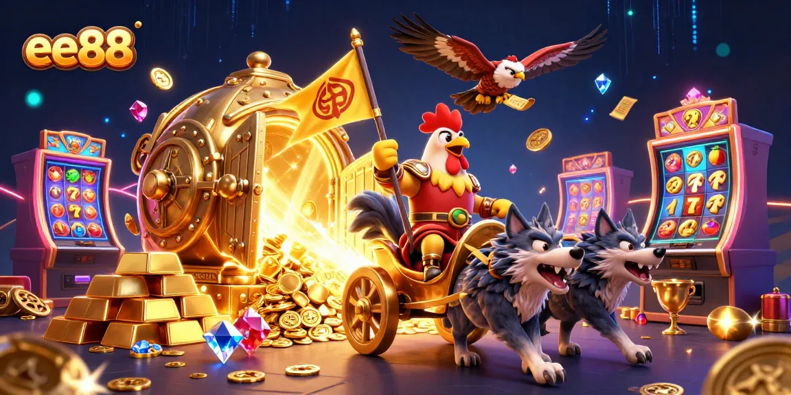 Spin the reels at ee88 with an epic 3D casino scene featuring a rooster warlord.