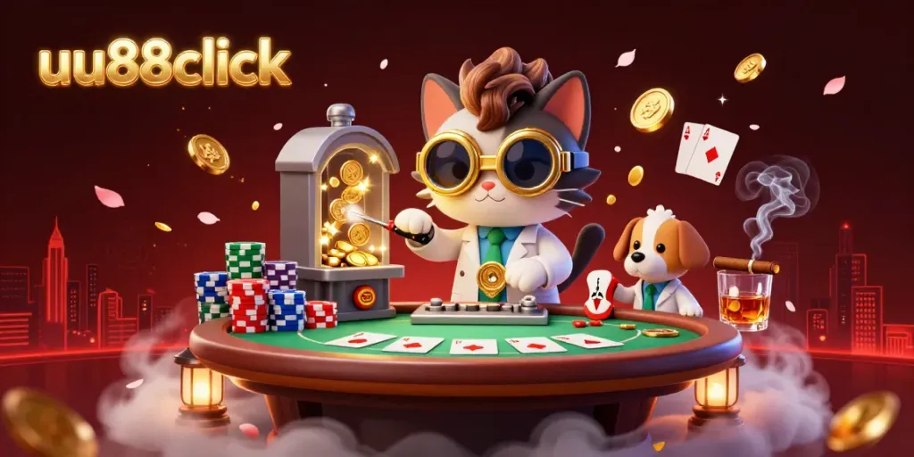 Join the excitement at uu88click, where a mad scientist cat and dog create a thrilling gambling atmosphere.