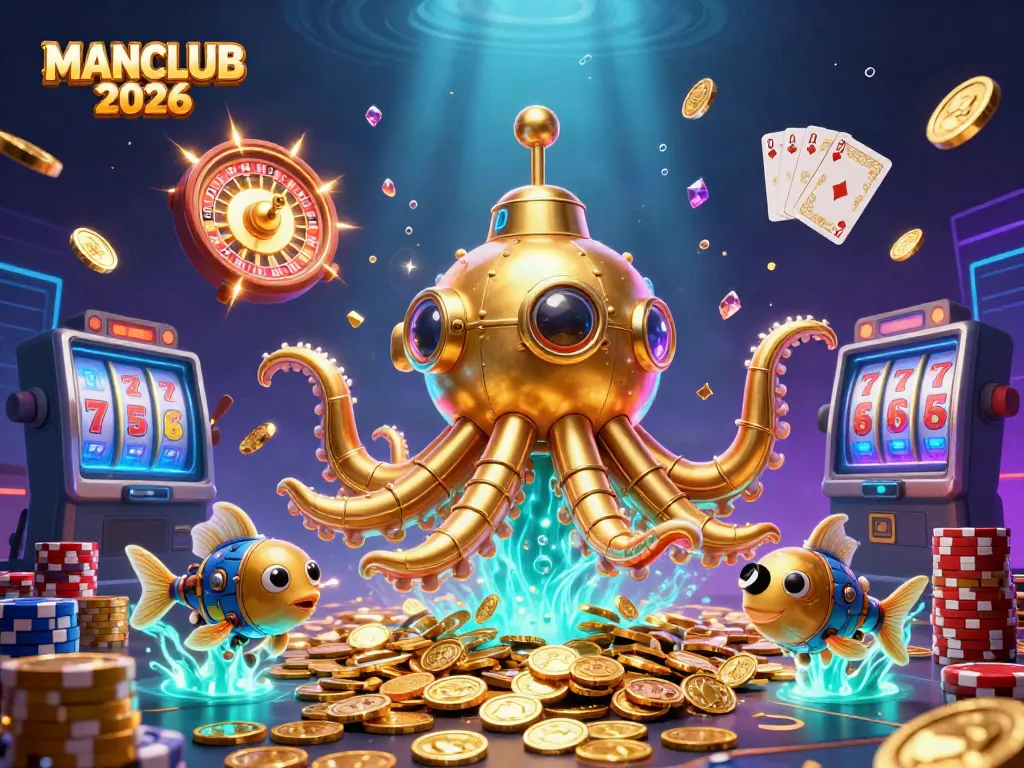 Create a thrilling experience with MANCLUB 2026, featuring a golden kraken submarine amidst a sea of coins and gems.
