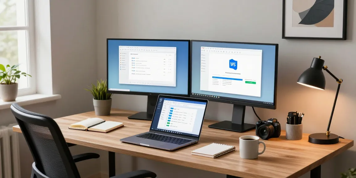 Download WPS Office on a sleek laptop in a modern home office workspace, featuring ergonomic chair and dual monitors displaying the software interface.