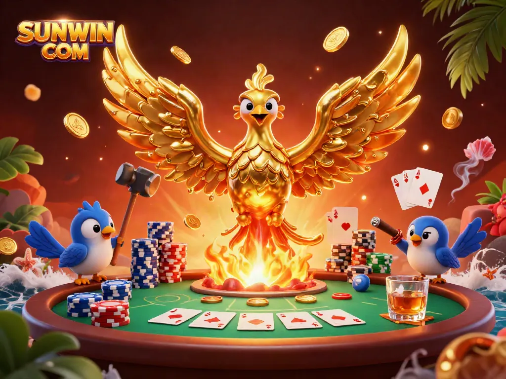 Experience the excitement of SUNWIN COM with an ultra-detailed casino scene featuring a golden phoenix and poker elements.