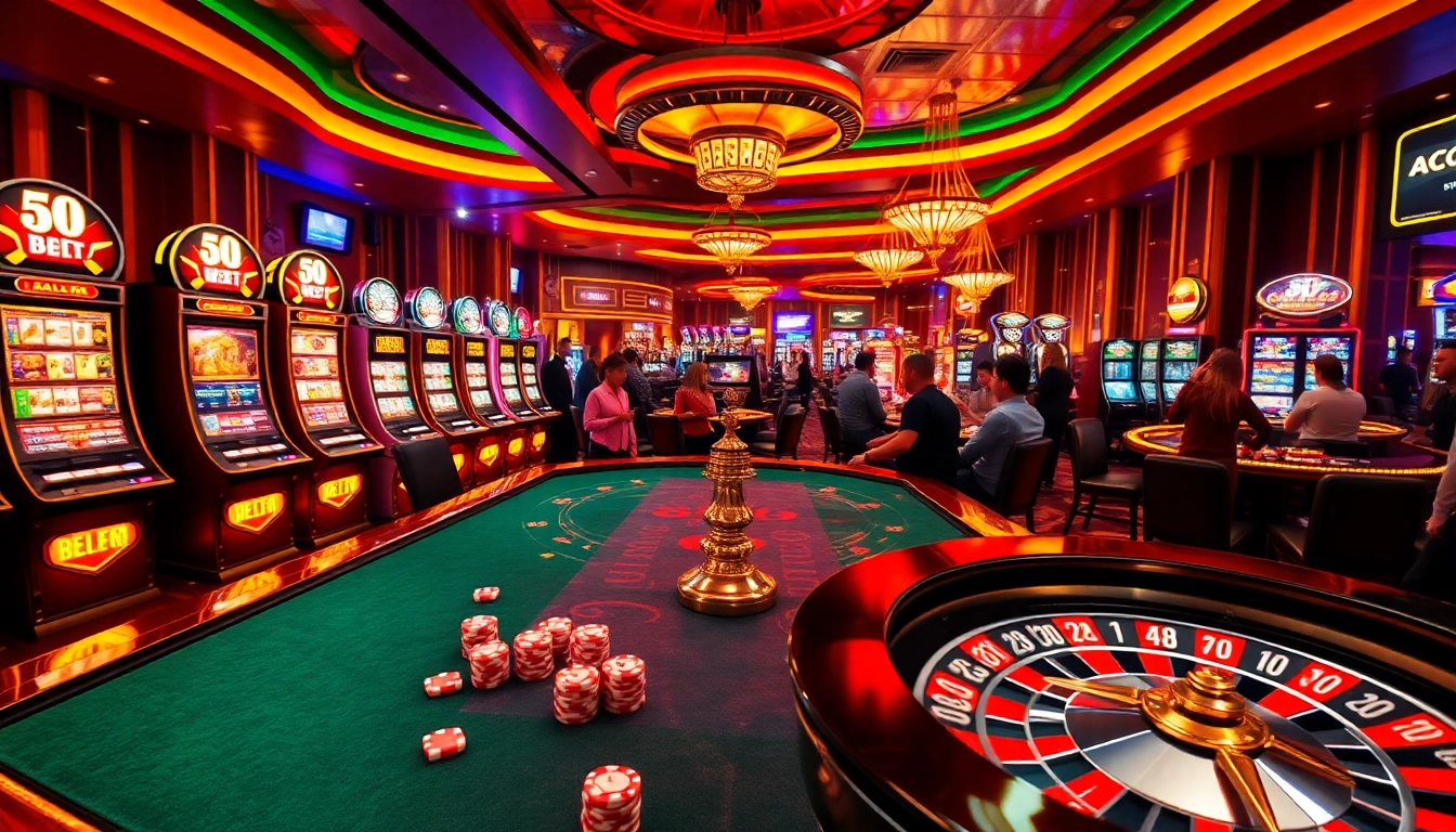 Players engaging with epic games at "tha bet", surrounded by vibrant casino elements.