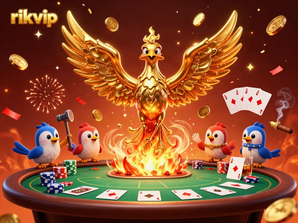 Experience thrilling gameplay with Rikvip's golden phoenix and poker elements in this vibrant casino illustration.
