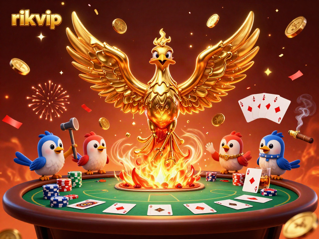 Experience thrilling gameplay with Rikvip's golden phoenix and poker elements in this vibrant casino illustration.