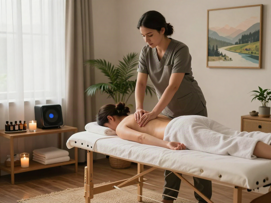 Relaxing 구로출장 massage therapy scene with essential oils and soft lighting in tranquil home setting.