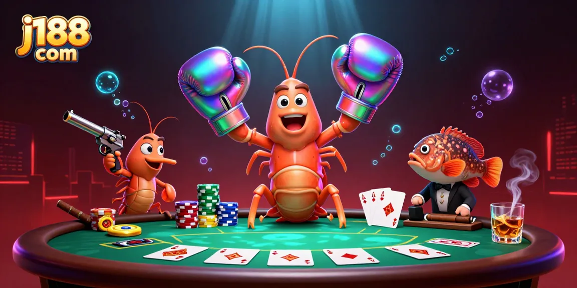 Join the excitement at j188 com with vibrant casino action, showcasing cartoon characters and poker elements.
