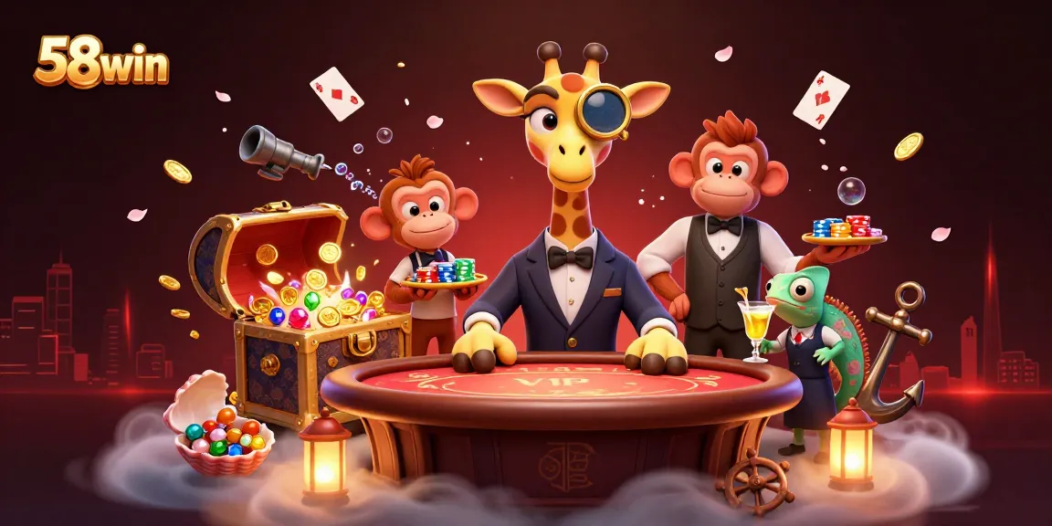 Experience the vibrant gambling world of 58win with lively casino characters mixing drinks and shuffling cards.