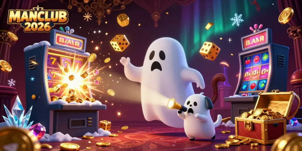 Experience thrilling gameplay with MANCLUB 2026 in this vibrant casino scene featuring a mischievous monkey and ghost-hunter puppy.
