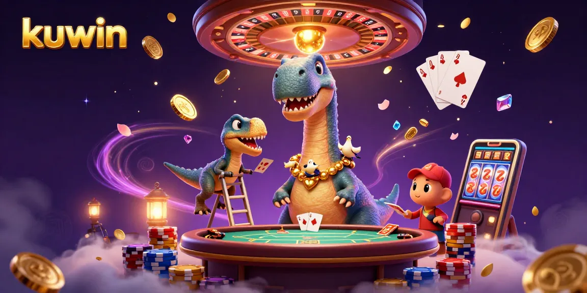 Kuwin casino scene featuring a giant brontosaurus with a raptor dealer, vibrant with poker action.