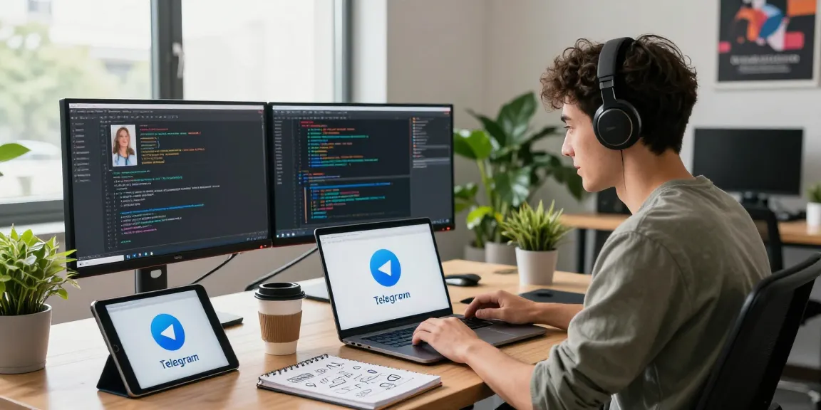 Engaging scene showing a young developer excitedly downloading Telegram on a laptop, surrounded by tech gadgets and a bright workspace.