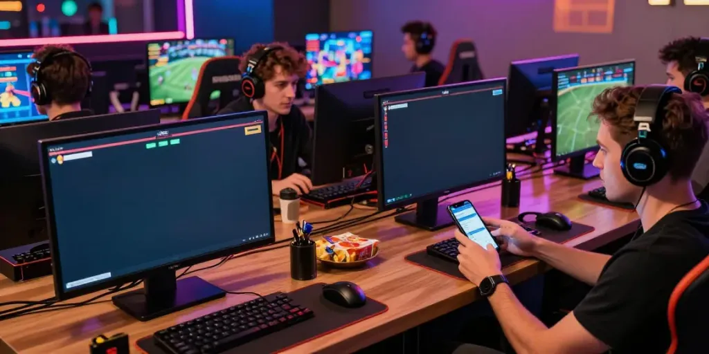Exciting scene from the NBET platform where diverse players enjoy online gaming with friends in a vibrant lounge.
