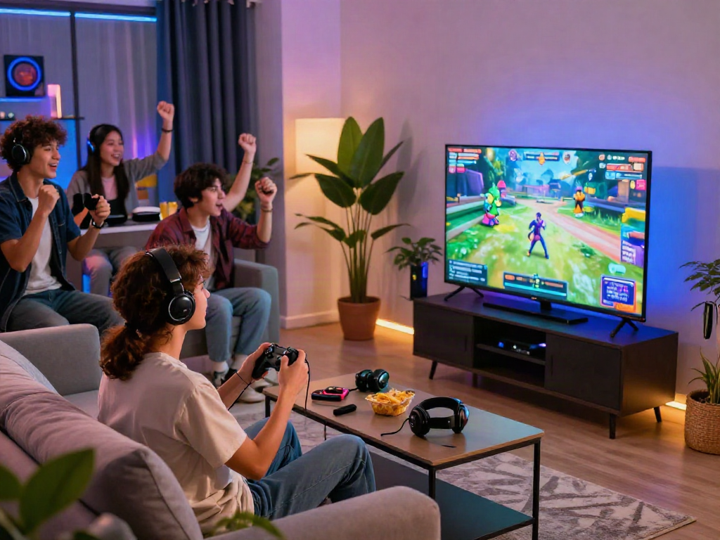 Engaging scene of rokok88 daftar gameplay in a modern living room with friends enjoying gaming together.
