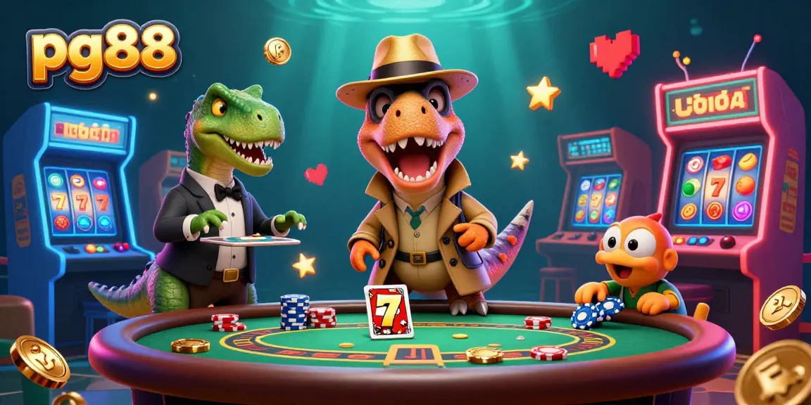 Experience thrilling gaming adventures with pg88 at this vibrant and dynamic casino scene featuring playful dinosaur characters.