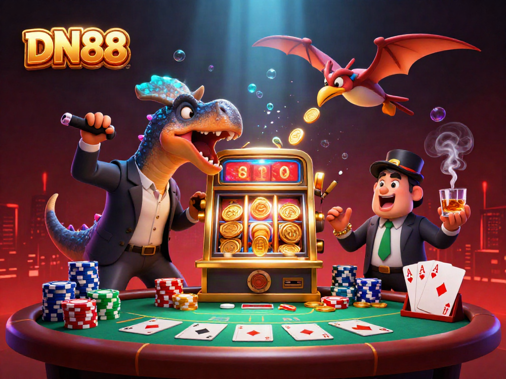 Experience DN88's excitement with a cartoon pachycephalosaurus winning coins from a slot machine
