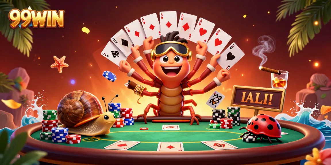 Experience the excitement of 99WIN with a lively casino scene featuring a unique millipede dealer and vibrant poker elements.