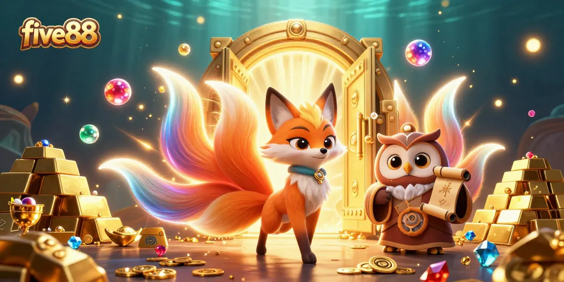 Join the action at five88 with an enchanting fox spirit and wise owl in a rich casino treasure scene.