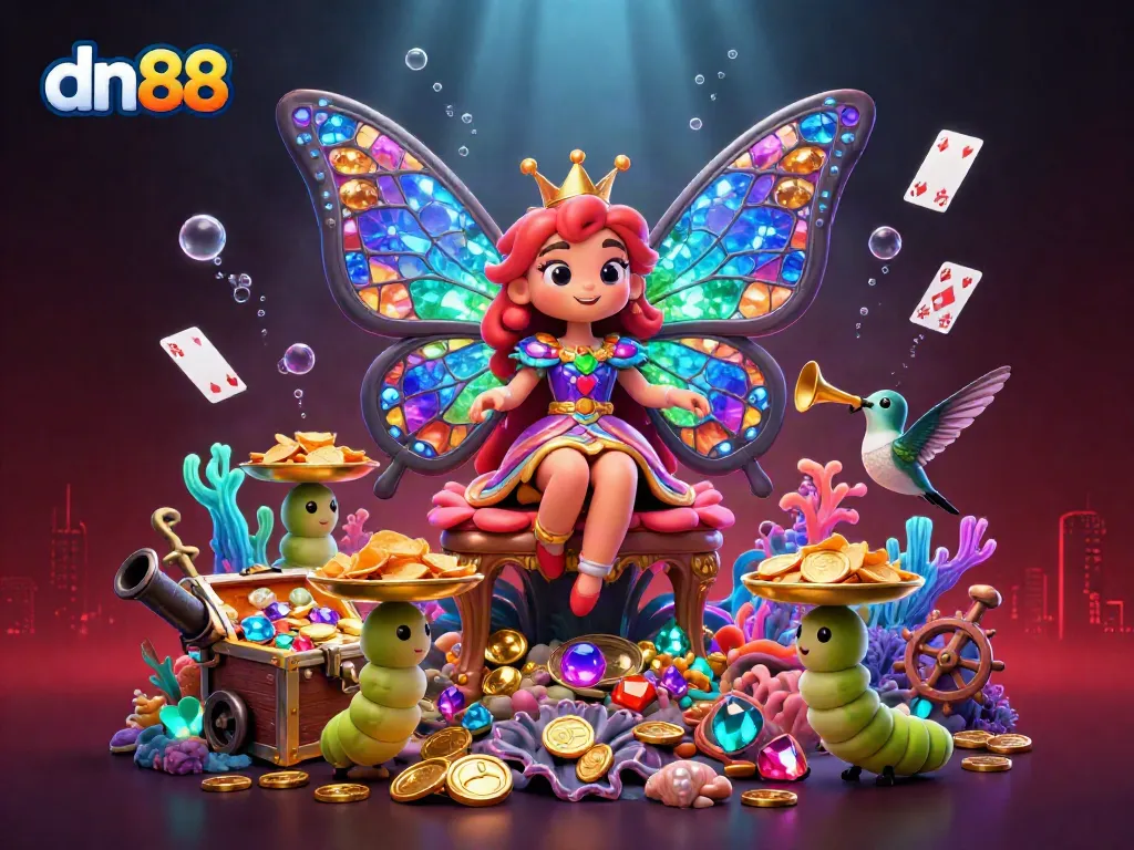 Experience jackpot fun with dn88, featuring a vibrant queen surrounded by treasures and gaming elements.