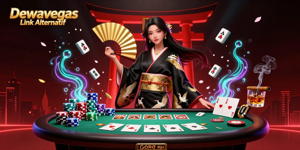 Dewavegas Link Alternatif showcases an Asian woman in a kimono at a dynamic poker scene.