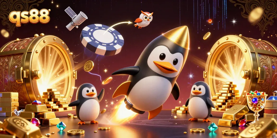 Engage with qs88 through exhilarating 3D casino action featuring a penguin in space amidst treasures and gambling elements.