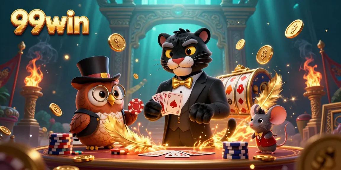 Experience 99win's thrilling casino atmosphere with a stylish panther, owl, and lucky mouse!
