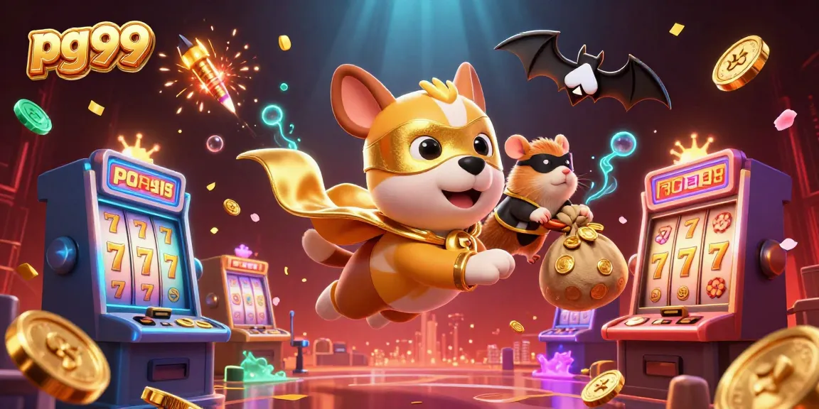 Experience thrilling jackpots at pg99 with superhero characters flying through a vibrant casino scene.