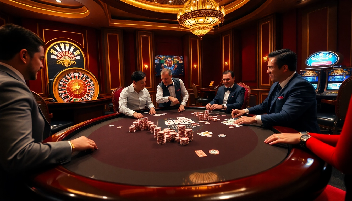 Players engaged in high-stakes poker at da88's luxurious casino table, vibrant chips and cards abound.