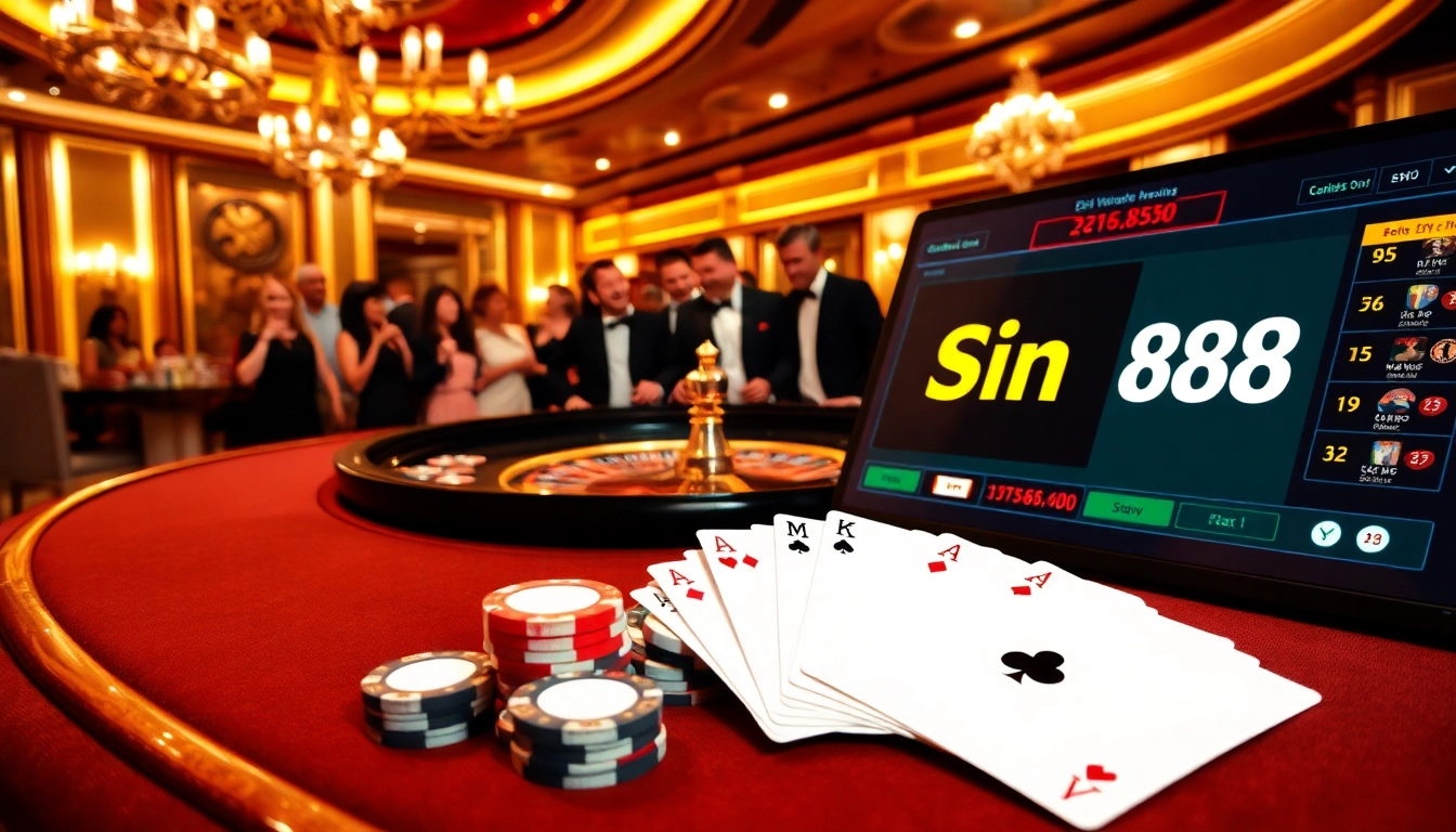 Experience the excitement at sin88 with a luxurious casino scene of roulette and poker games.