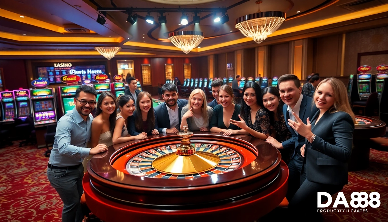Exciting casino action at DA88 with players engaged around a roulette table filled with colorful chips.