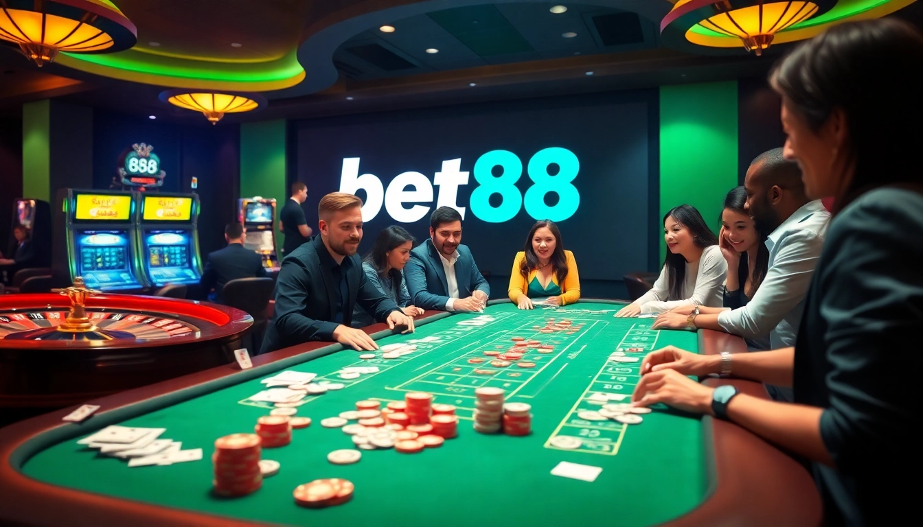 Bet88 players enjoying an exciting game at a luxurious casino table with cards and chips.