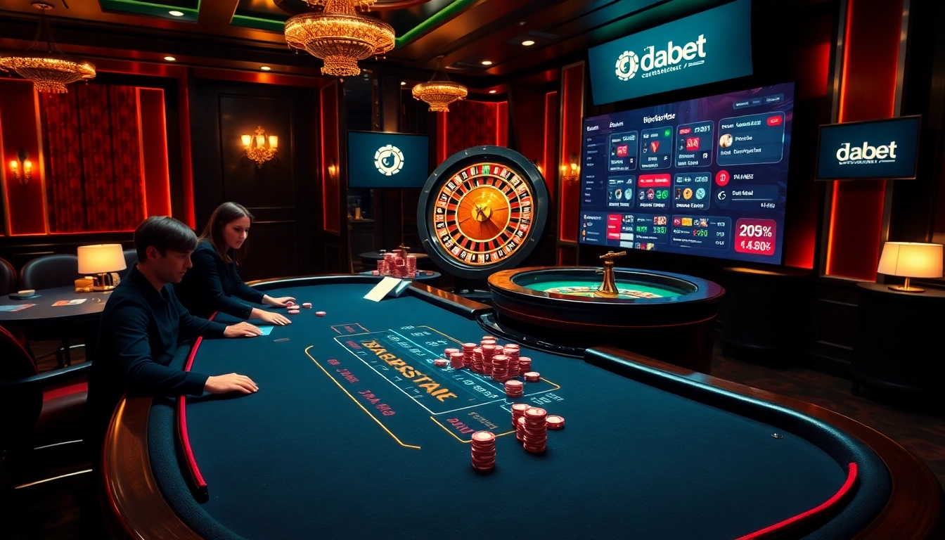 Dabet showcases an exciting casino scene featuring a blackjack table, roulette wheel, and vibrant players in action.