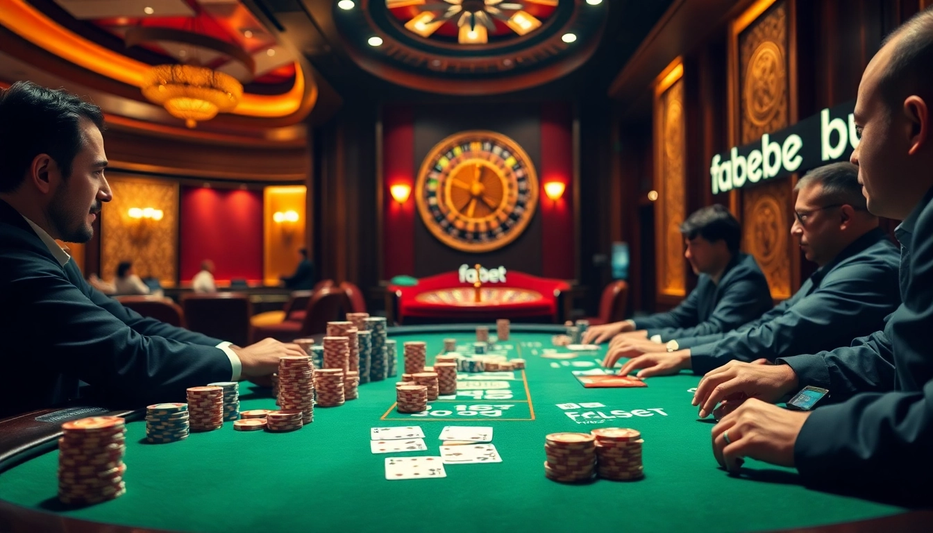 High-stakes poker game at a luxurious casino featuring fabet branding, vibrant chips, and cards.