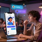 Engaging user interacting with Crushon AI character in a vibrant tech cafe.